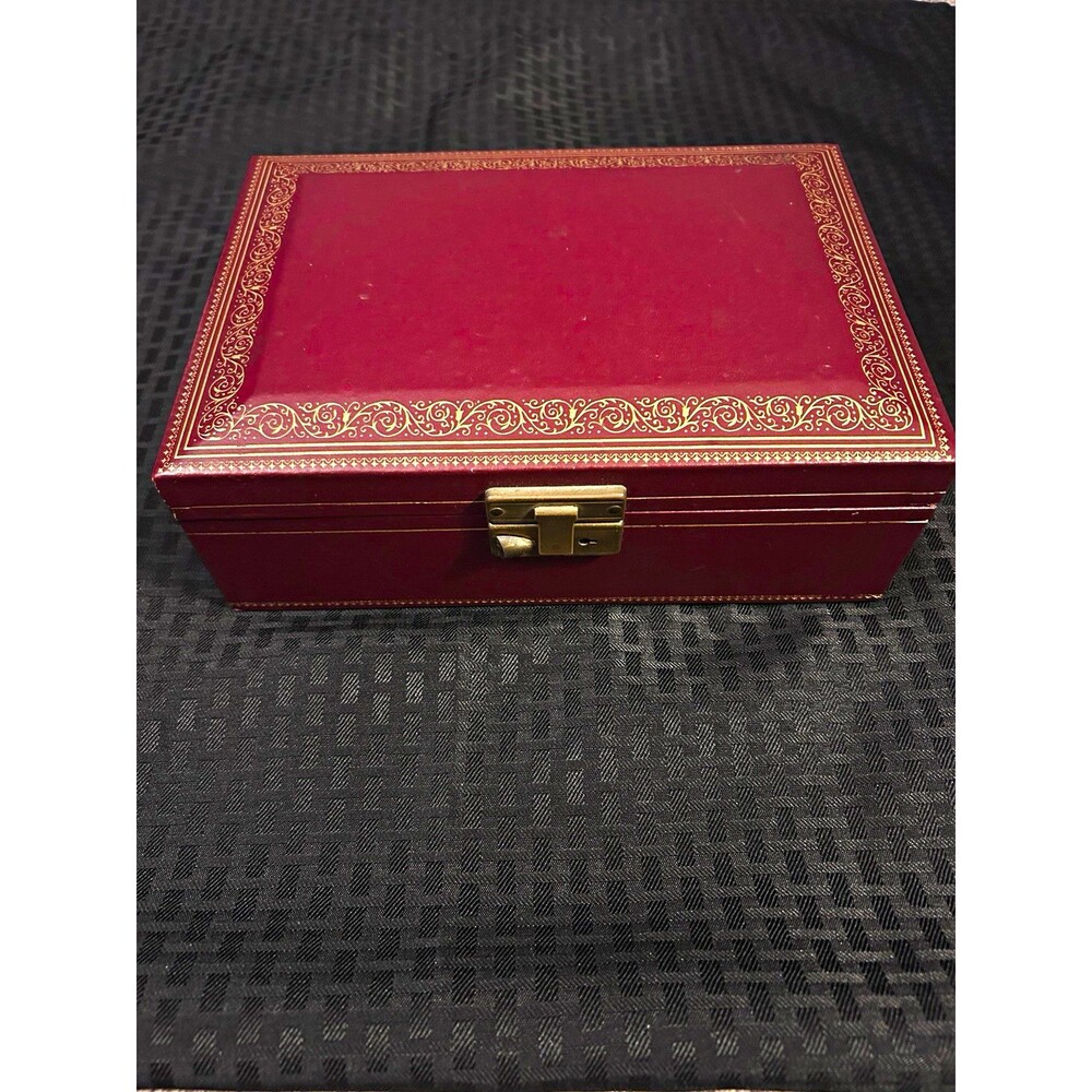 Mele vintage Burgundy & Gold Tooling Jewelry Organizer Box with Key